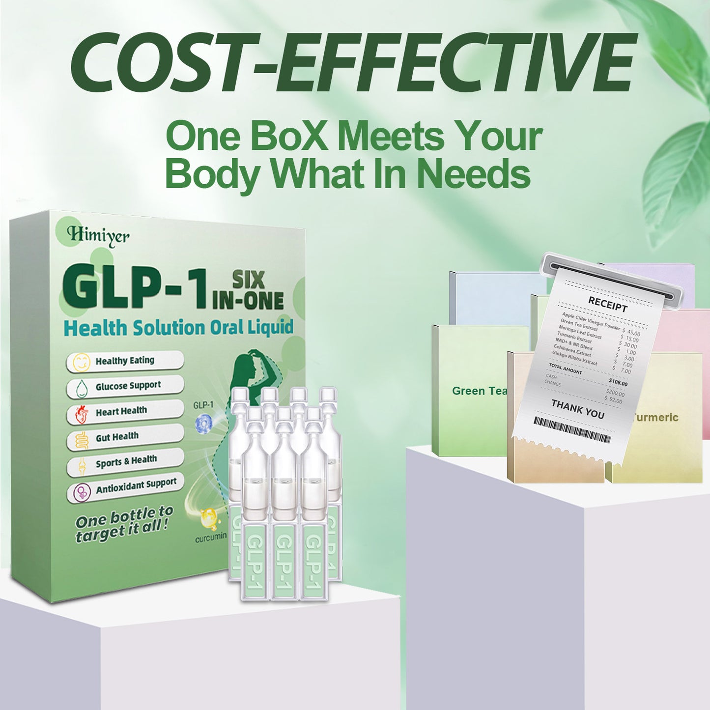 Cost-effective comparison of Himiyer GLP-1 Six In-One supplement. Shows the all-in-one GLP-1 oral liquid replacing multiple expensive single-ingredient supplements like Green Tea extract, Turmeric, and Apple Cider Vinegar.