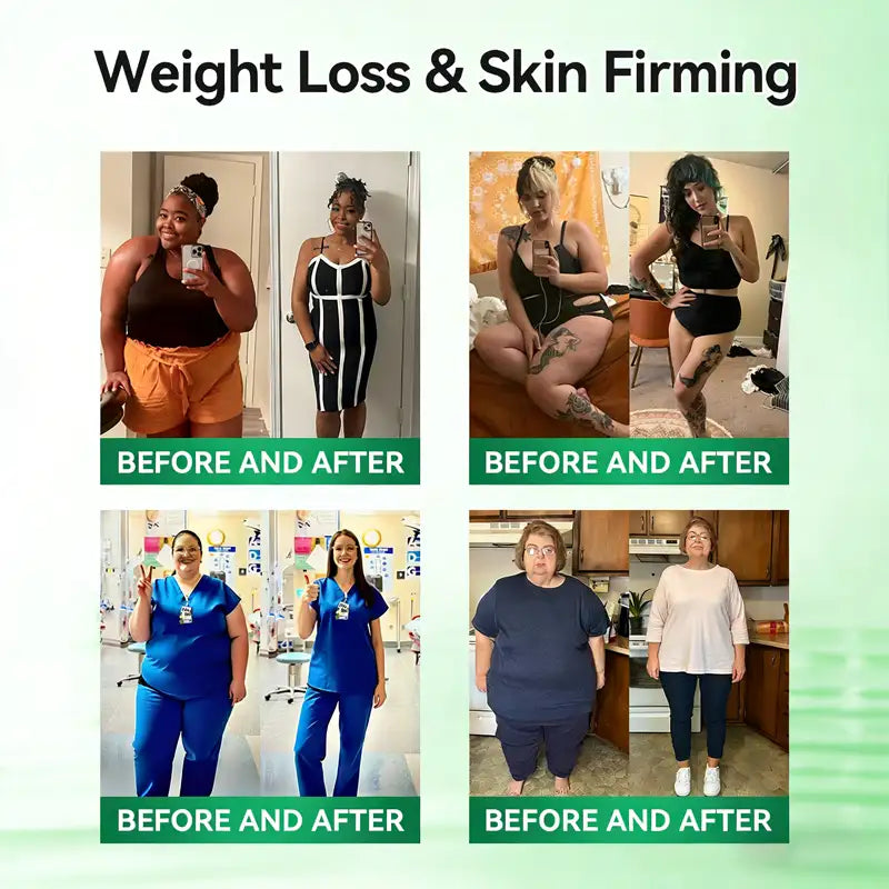 Before and after weight loss and skin firming results from women using Himiyer GLP-1 Six In-One Oral Liquid. Shows significant body transformation and healthy weight management.