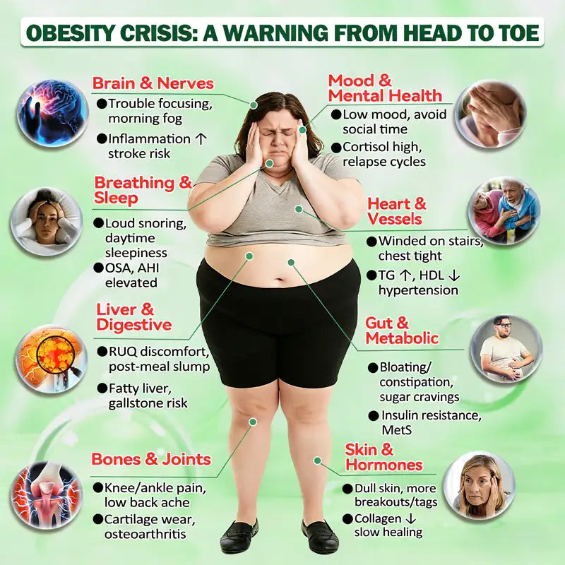 Infographic illustrating the head-to-toe health risks of an obesity crisis, including impacts on brain, sleep, liver, joints, heart, gut health, and metabolism. Highlights the need for effective weight management.