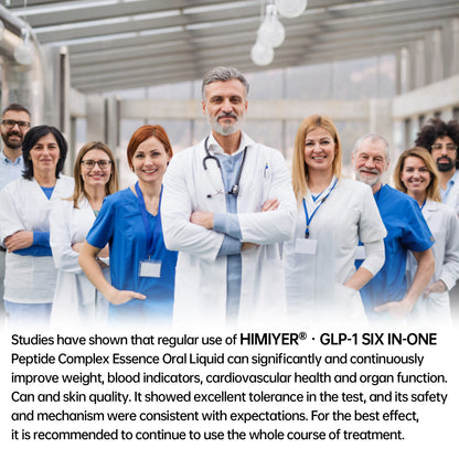 Team of healthcare professionals. Clinical text stating regular use of Himiyer GLP-1 Six In-One Peptide Complex Oral Liquid improves weight management, blood indicators, cardiovascular health, and organ function safely.